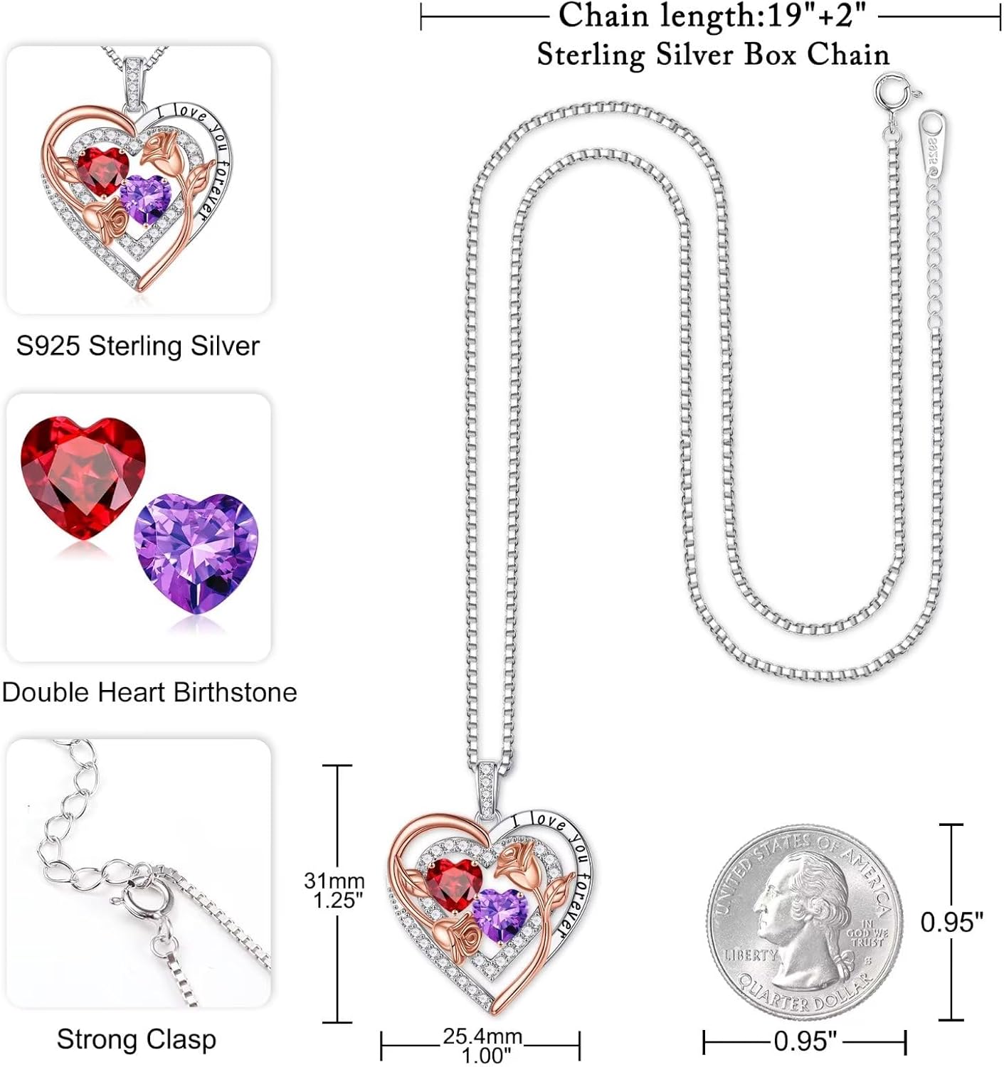 Iefil Birthstone Necklace for Women - Sterling Silver Birthstone Necklace Anniversary Birthday Gifts for Her Wife Mom Daughter