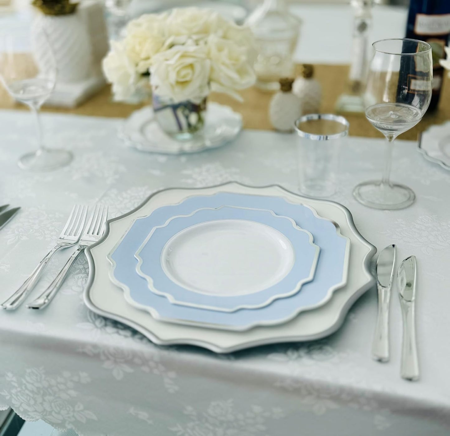 " OCCASIONS " 50 Plates Pack (25 Guests)-Heavyweight Wedding Party Disposable Plastic Plate Set -(25x10.5'' Dinner + 25x8'' Salad/dessert (Imperial in White/Blue & Silver)