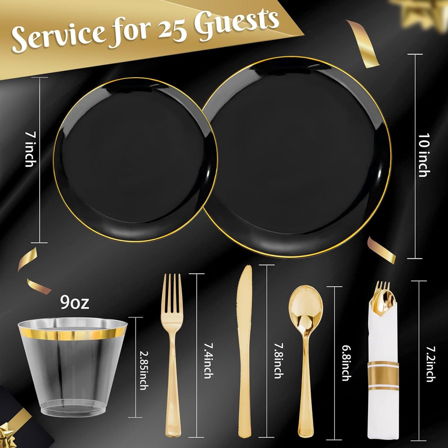 KIRE 175Pcs Black Plates Disposable - Heavy Duty Black and Gold Plastic Plates- 25 for Dinner 25 for Dessert 25 Pre Rolled Gold Silverware and 25 Cups for New Year/Birthday Party