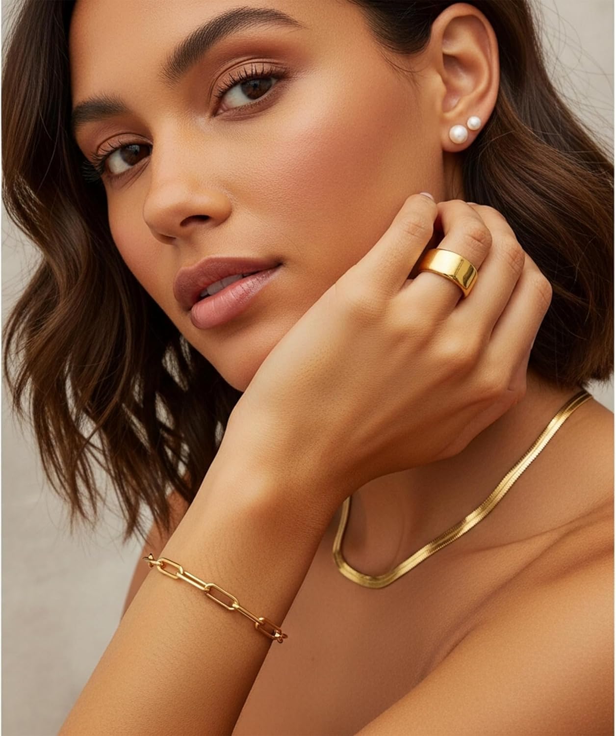 YEEZII Gold Jewelry Set for Women with 5Pcs Layered Necklace, 5Pcs Layered Necklace, 12 Bracelets, 4 Hoop Earrings, 8 Stackable Rings, 10 hairpins, 12 Studs Earrings Jewerly set for Women