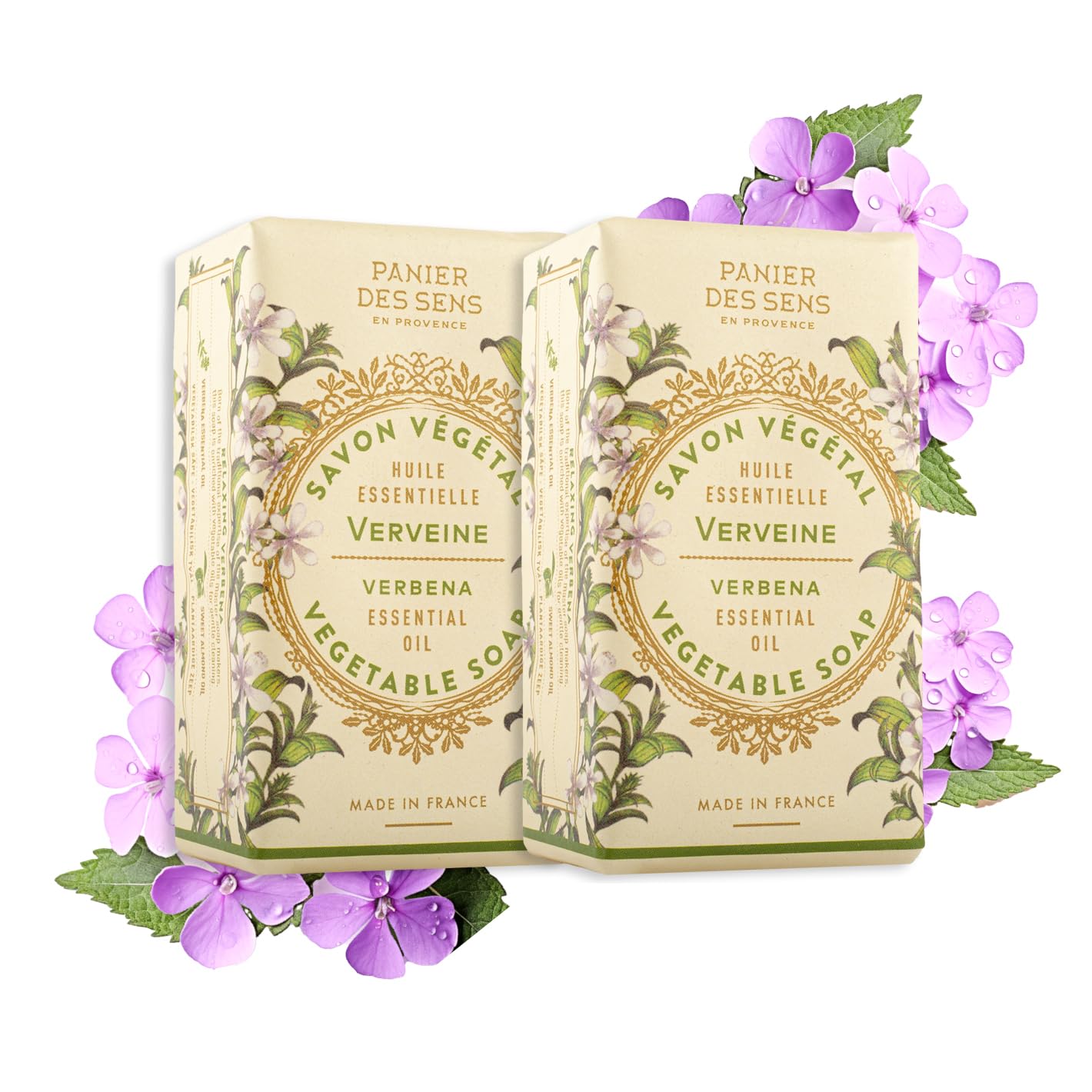 Panier des Sens - Verbena Bar Soap - Moisturizing Gentle Scented Soap Bar - Natural Soap with Sweet Almond - 97% Natural Ingredients Made in France - Vegan Friendly - Body & Hand Soap Bars 2x5.3 oz