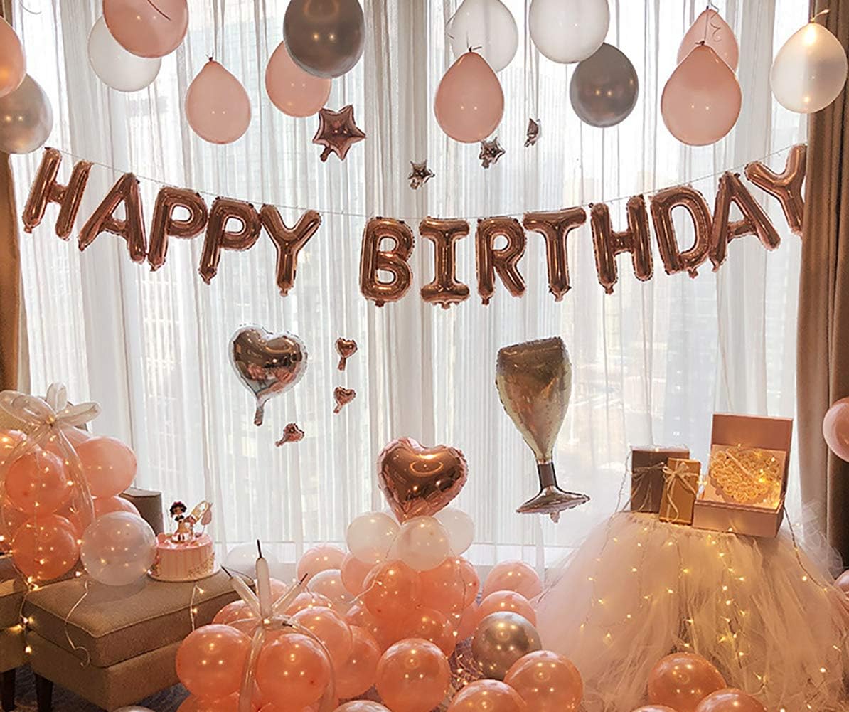 KALOR Rose Gold Happy Birthday Balloons Banner, 16 Inch Mylar Foil Letters Balloon Sign for Women, Men, Boys & Girls Kids Birthday Decorations Photo Backdrop