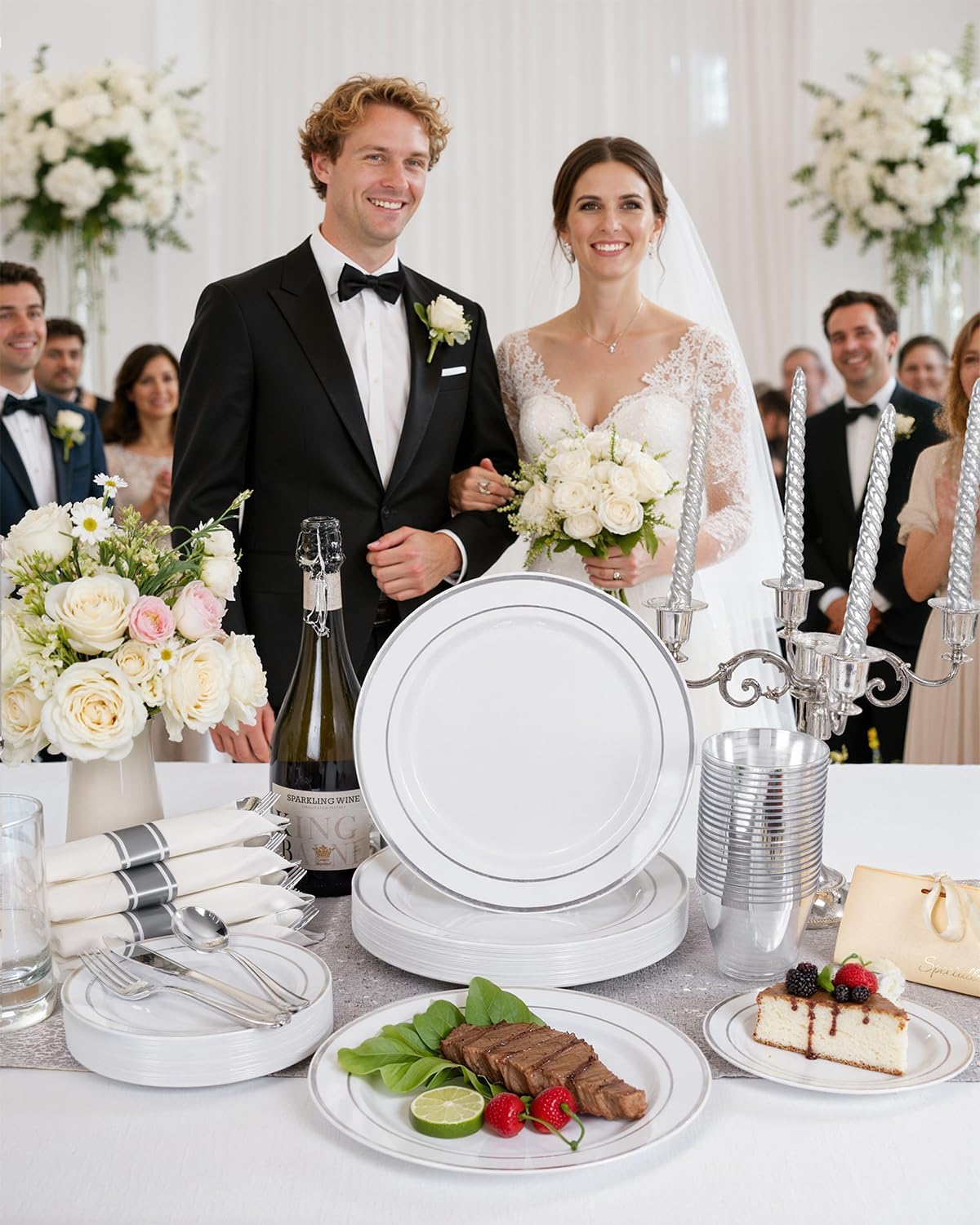 175PCS Sliver Plastic Plates - Christmas Plates Disposable - White Plate with Silver Trim 25Guests Plastic Dinnerware Sets with Rolled Napkins for Wedding/Birthday/Christmas