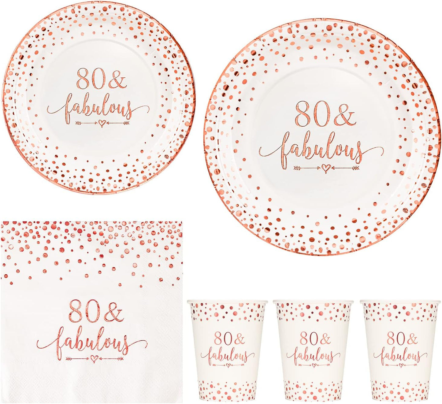 Crisky Rose Gold Foil 80 Fabulous Napkins Plates Cups Set for Women 80th Birthday Party Decorations Supplies, Disposable Tableware Set of 24 (9" Plates, 7" Plates, Luncheon Napkins, 9oz Cups)