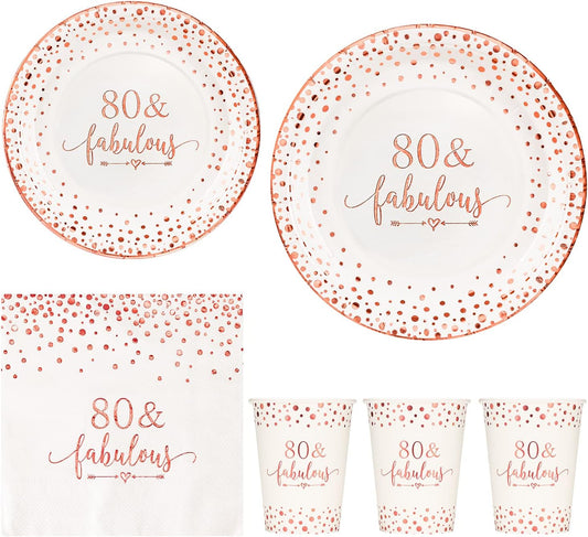 Crisky Rose Gold Foil 80 Fabulous Napkins Plates Cups Set for Women 80th Birthday Party Decorations Supplies, Disposable Tableware Set of 24 (9" Plates, 7" Plates, Luncheon Napkins, 9oz Cups)