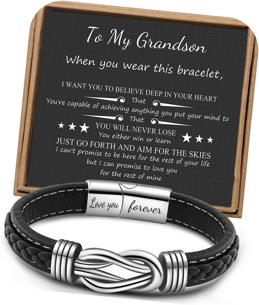 𝗞𝗻𝗼𝘁 𝗕𝗿𝗮𝗰𝗲𝗹𝗲𝘁 𝗚𝗶𝗳𝘁𝘀 𝗳𝗼𝗿 𝗠𝗲𝗻 Brown Braided Leather Stainless Steel Infinity Bracelets Lettering Love You Forever Gifts for Son Grandson Husband Boyfriend Brother Always Linked Together