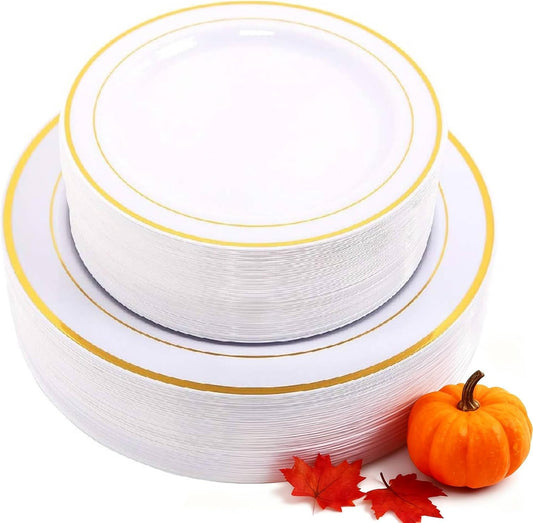 WDF 60PCS White Gold Plates Disposable - Gold Plastic Plates, Including 30-10.25inch Gold Dinner and 30-7.5inch Salad/Dessert for Thanksgiving