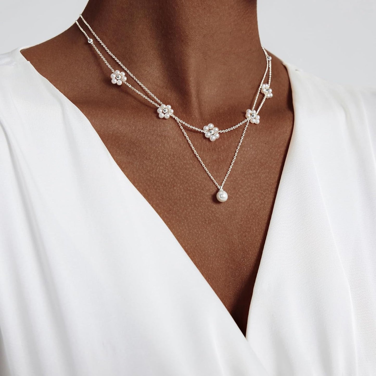 OGD Gold Pearl Necklaces Set for Women 14K Gold Plated Dainty Layered Pearl Cute Daisy Pearl Choker Gold Necklace Gifts for Women Gold Trendy Jewelry Gifts