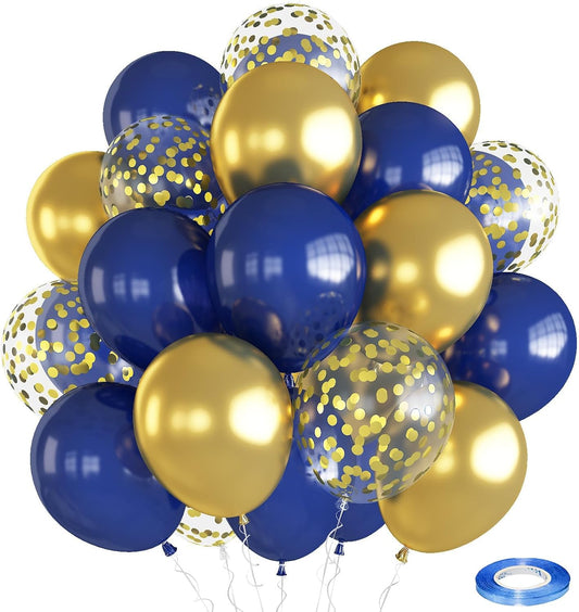 Balloons Navy Blue and Gold, 12 Inch Navy Blue Metallic Chrome Gold and Confetti Latex Balloons, Blue Gold Party Balloons Helium Balloon Set for Boys Birthday, Wedding, Baby Shower Party Decorations