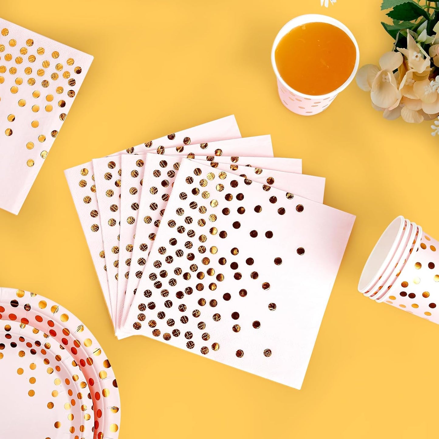 Pink and Gold Party Supplies - 350 PCS Disposable Dinnerware Set - Pink Paper Plates Napkins Cups, Gold Plastic Forks Knives Spoon for Graduation, Birthday, Thanksgiving, Cocktail Party