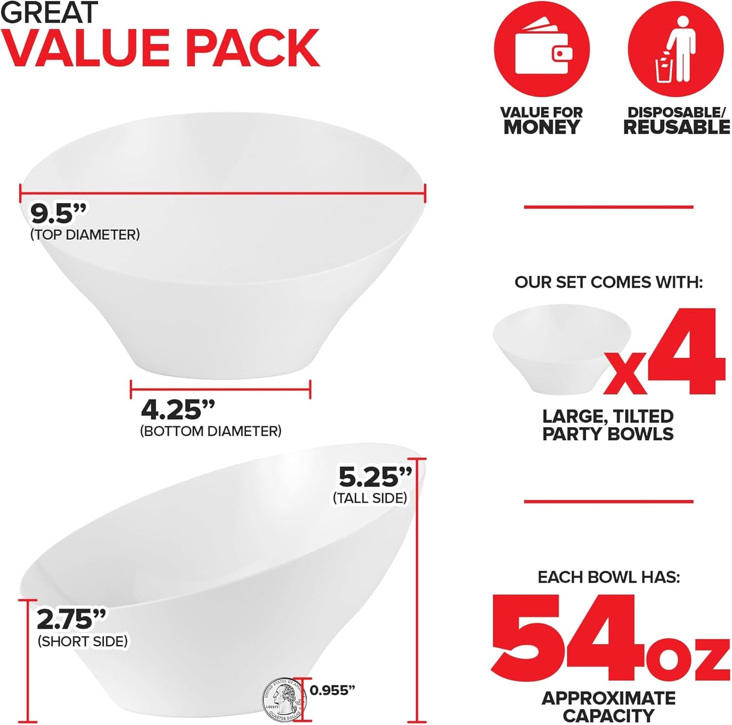 54oz White Plastic Serving Bowls (4 Pack) Large Disposable Snack Bowl Candy Dishes, Buffet Containers, Chips, Popcorn, Snacks, Punch, Salad Bar, Parties, Office Desk, Bridal Shower, Party Supplies