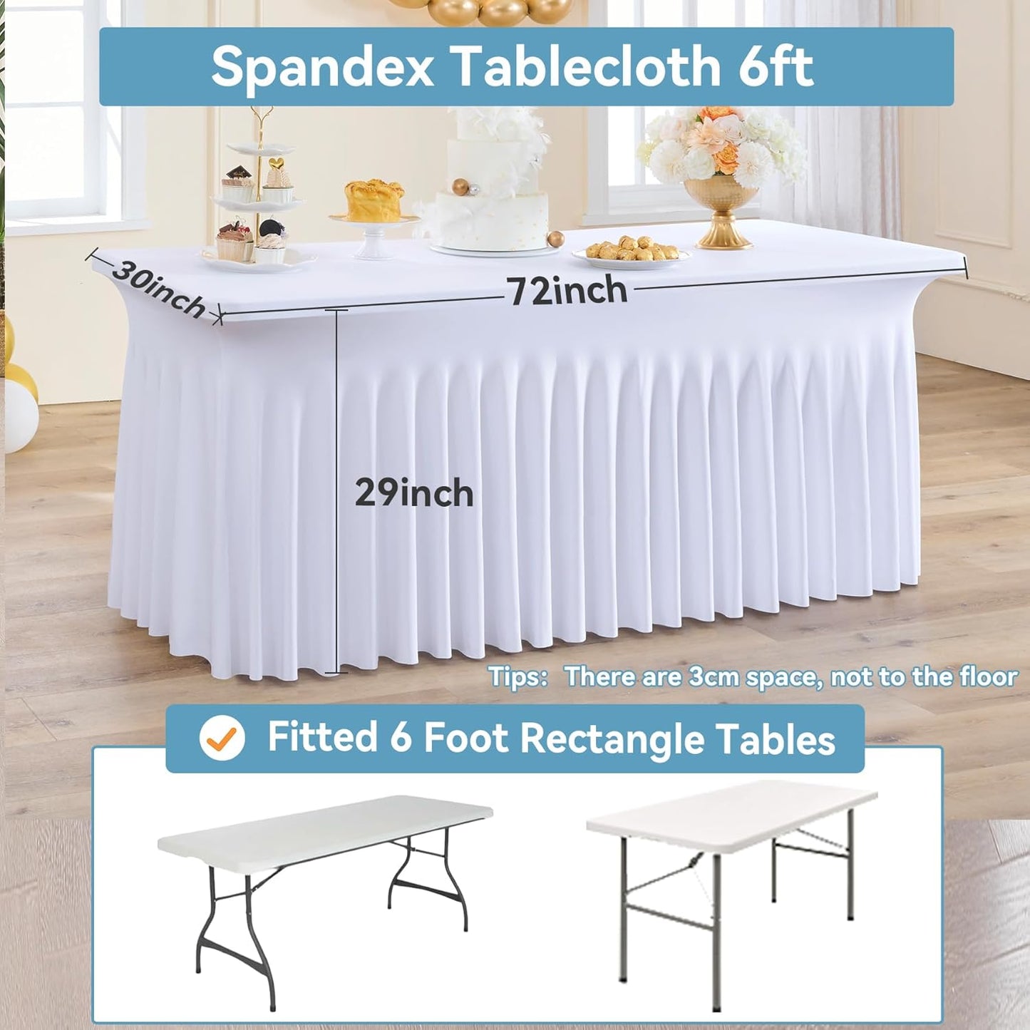 12 pk White Spandex Table Cloth Rectangle 6ft with Ruffle Skirt,Wrinkle Free High-Stretch Fitted Tablecloths for 6 Foot Rectangle Tables,Elastic Spandex Table Covers 6 ft for Parties Weddings Banquet