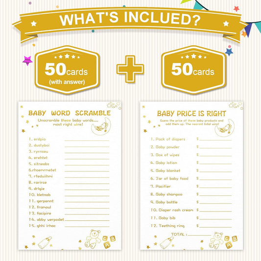 Baby Shower Games for Boy or Girl-2 Games(50 of Each),Double-Sided,Thick Cardboard,with Answer Keys