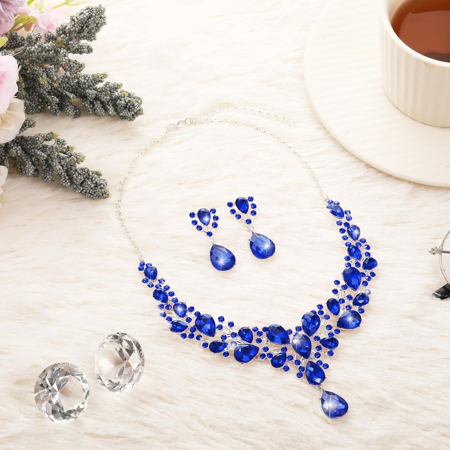 Hicarer Bridal Teardrop Cluster Crystal Jewelry Set for Women Necklace Earrings Wedding