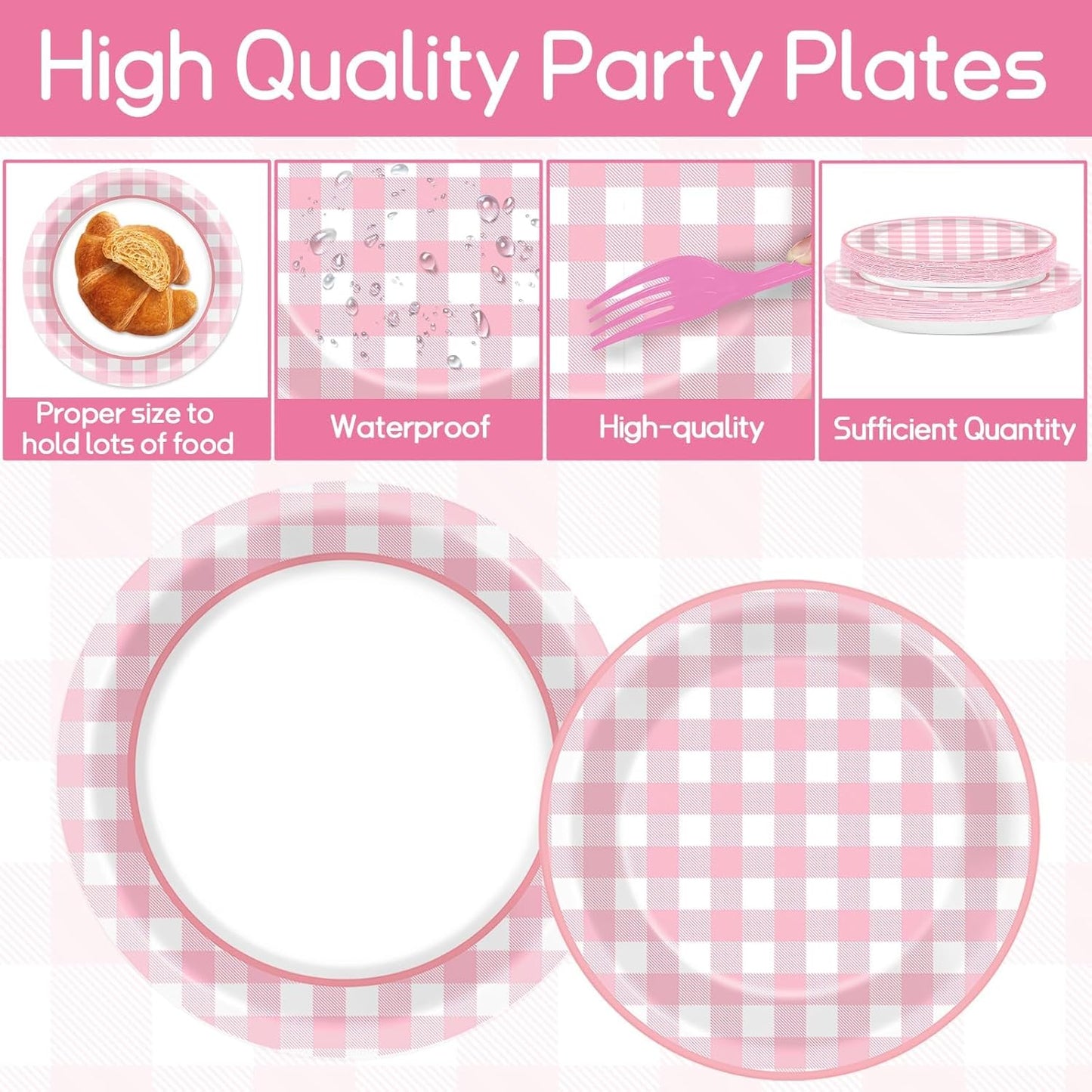 ZOIIWA 200 PCS Pink Gingham Tableware Disposable Pink And White Checkered Party Supplies Dinnerware Set Plaid Plates Outdoor Supplies Girls Barbecue Picnic Birthday Party Decoration Serve 50 guest