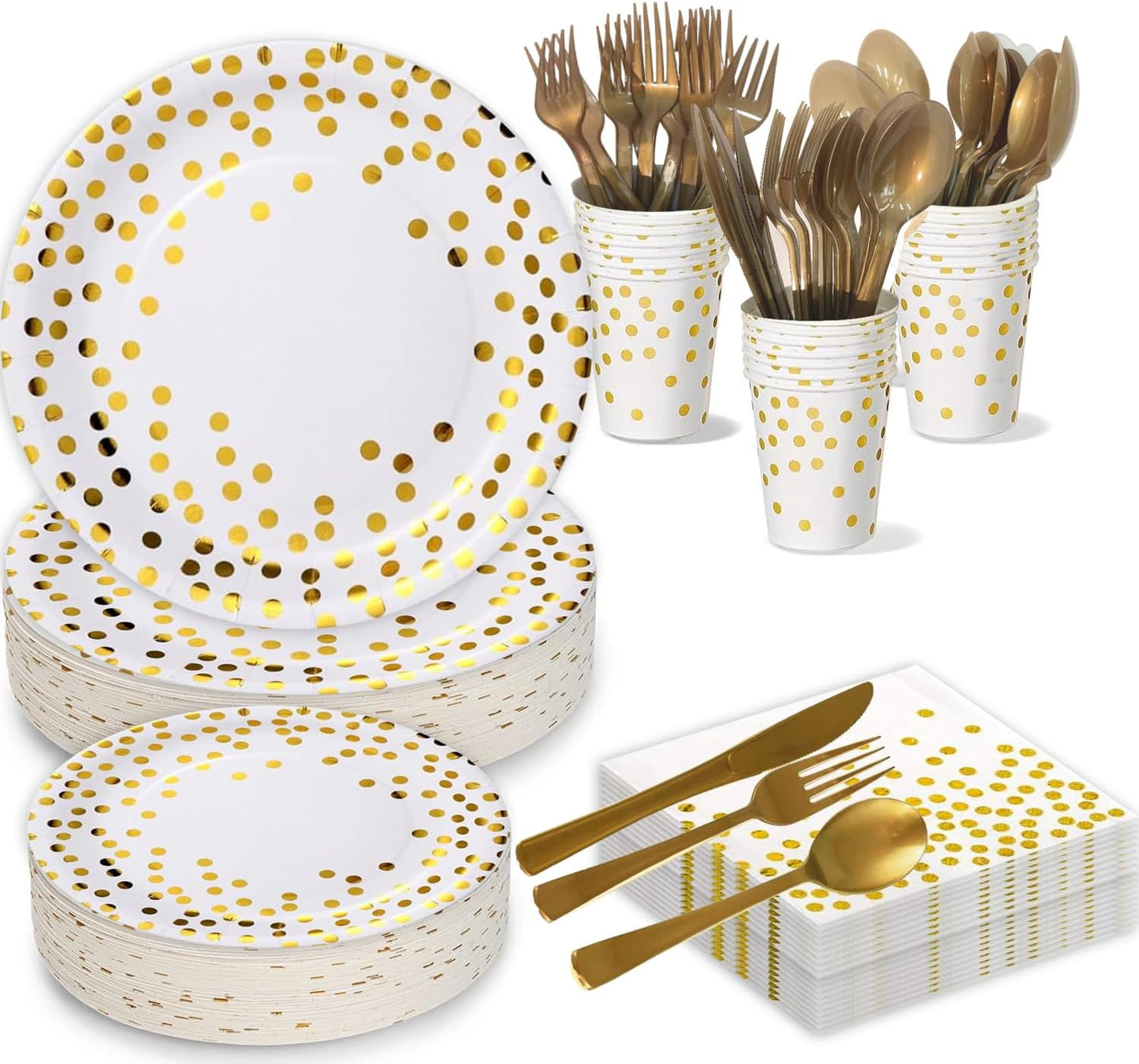 175pcs Premium White Gold Paper Plates Napkins Cups and Plastic Forks Kinves Spoons Party Supplies Set For 25 Guests