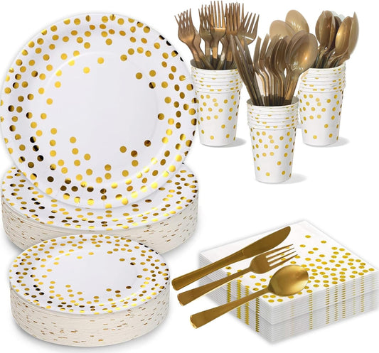 175pcs Premium White Gold Paper Plates Napkins Cups and Plastic Forks Kinves Spoons Party Supplies Set For 25 Guests