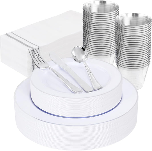 SUT 175 Piece Silver and White Plastic Dinnerware Set for 25 Guests, Disposable Plastic Plates, Include: 25 Dinner Plates, 25 Dessert Plates, 25 Pre Rolled Napkins with Silver Silverware, 25 Cups