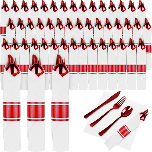 100Pack Red Pre Rolled Plastic Silverware - Wrapped Red Disposable Cutlery with Napkins, Heavy Duty Rolled Plastic Silverware Set, Disposable Utensils with Dinner Napkins for Valentine's Day