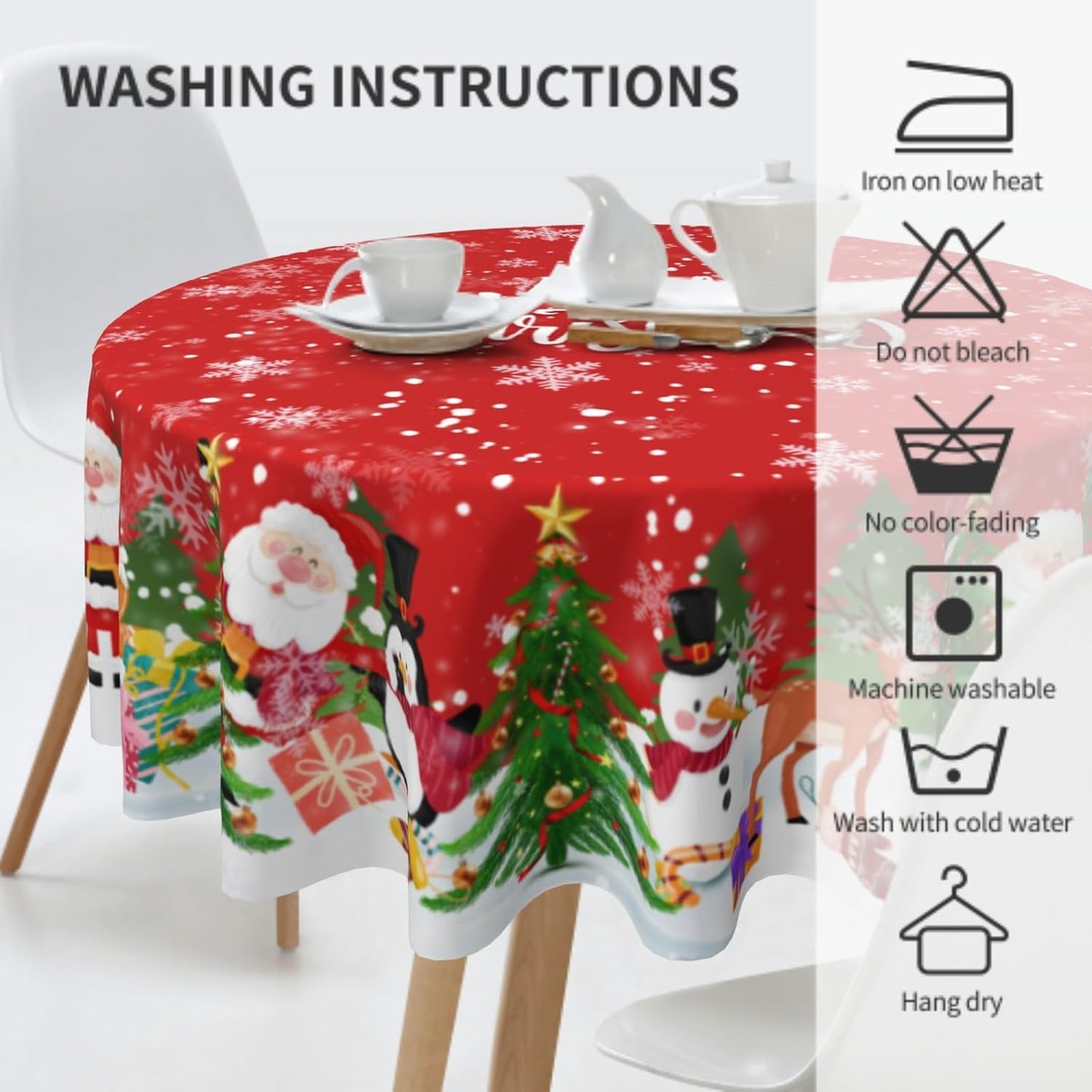 Giwawa Merry Christmas Round Tablecloth 60 Inch Funny Santa Snowman Reindeer Table Cloth for Kitchen Dining Xmas Trees Winter Snowflakes Polyester Table Cover for Holiday New Year Picnic Decor