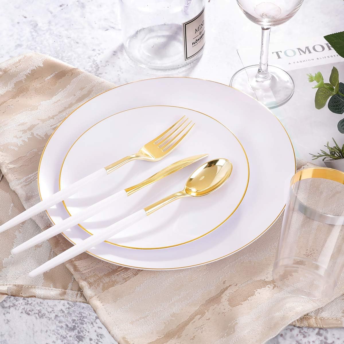 Supernal 350pcs Gold Plastic Dinnerware Set for 50 Guests,Fancy Disposable Plates for Party,Gold Plastic Silverware with White Handle,Disposable White Plates Wedding,Birthday