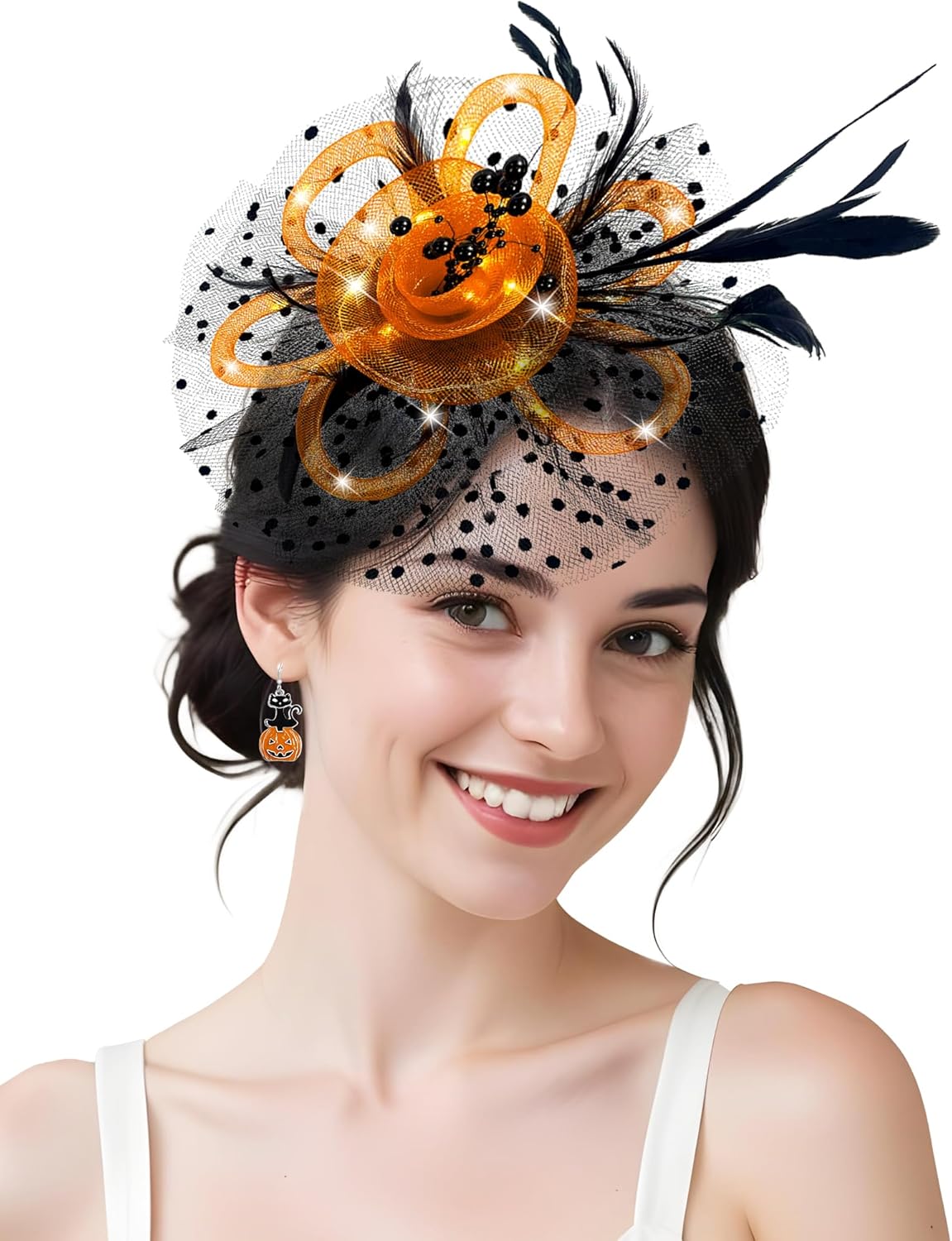 Fascinator Hat for Women LED Light up Tea Party Hats Mesh Veil Headband for Women