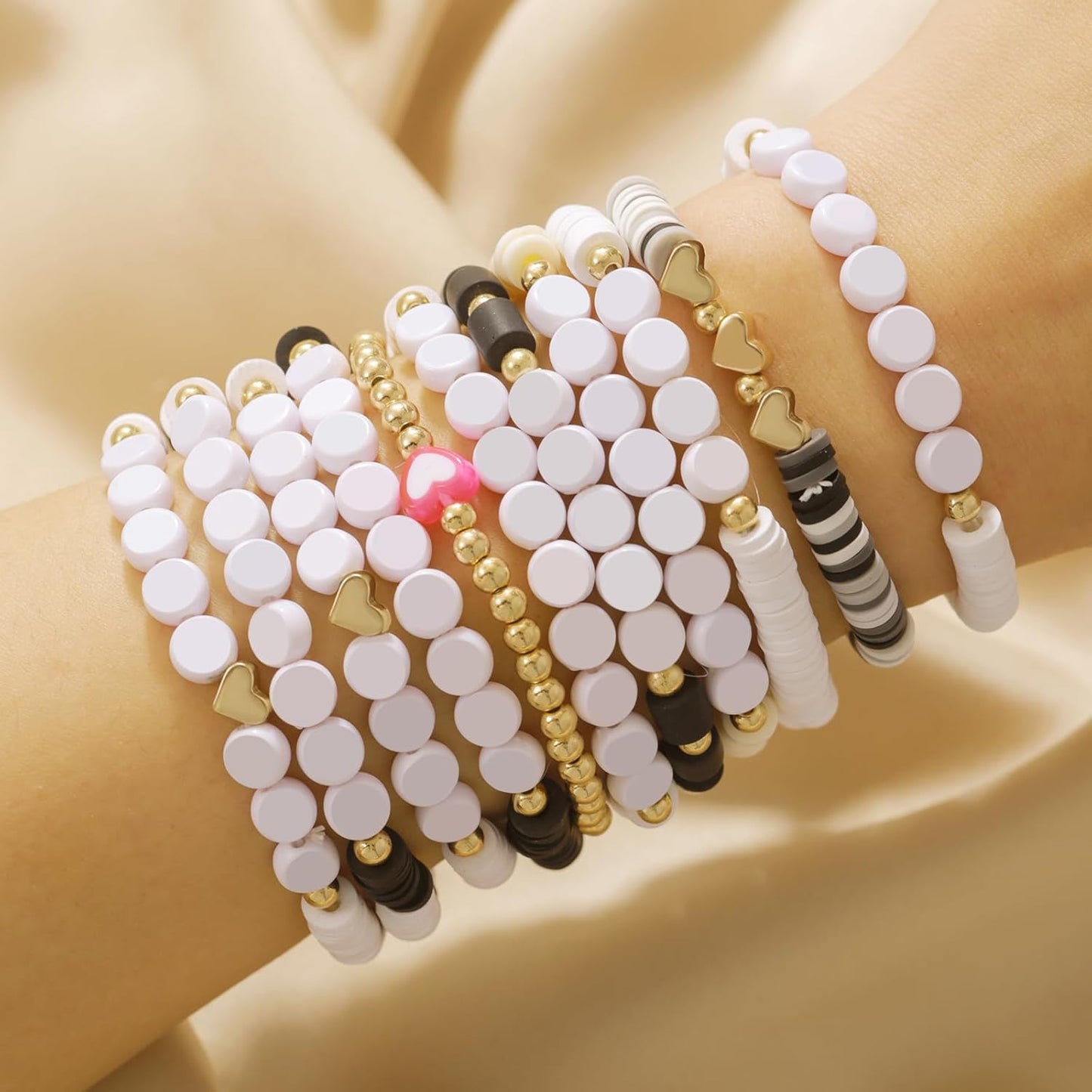 Heishi Surfer Clay Bead Bracelets Set for Women - Preppy Smile Evil Eye Beaded Stretch Bracelets Elastic Layering Friendship Bracelets- Stackable Boho Disc Summer Jewelry Set