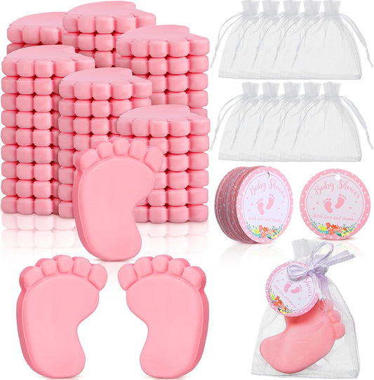50 Sets Baby Shower Favors Handmade Baby Feet Scented Soap Party Favors for Guests Gifts with Organza Bags and Thanks Tags Wedding Party(Pink)