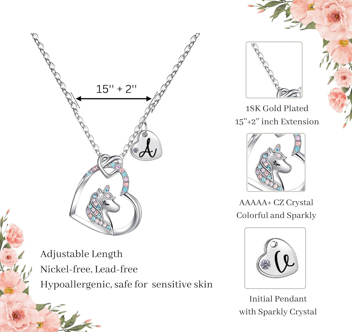 Unicorn Necklace for Girls Kids with Personalized Initial Heart Pendant, 18K Gold Fashion Jewelry for Girls, Colorful Heart Necklace for Birthday Gifts.