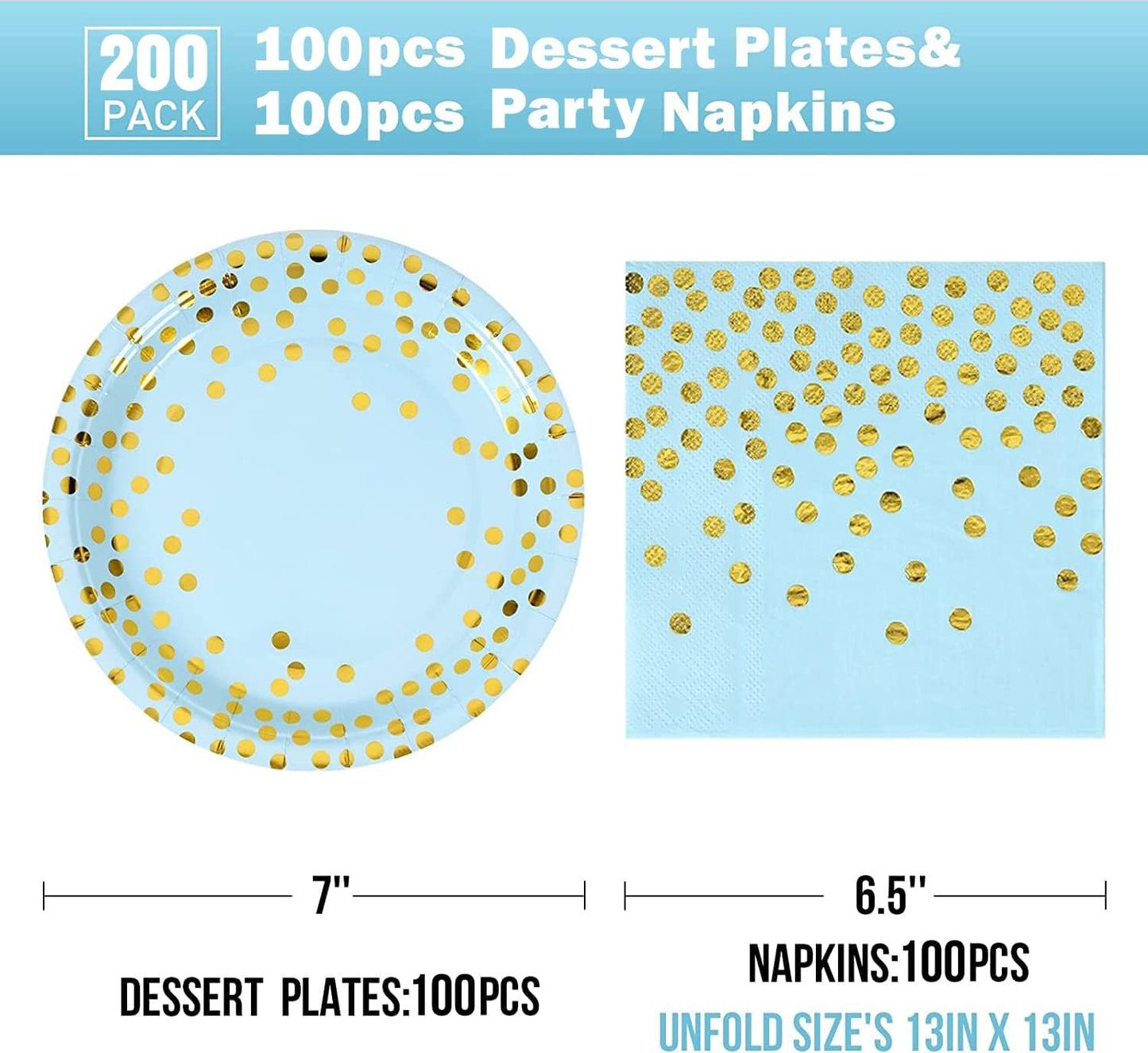 Blue and Gold Paper Plates and Napkins Set -100 x 7'' Dessert plates & 100 x 6.5'' Napkins,Blue Paper Plates for Appetizers,Cakes and Salads,for Birthday,Wedding,Baby Showers,Anniversary(200 PCS)