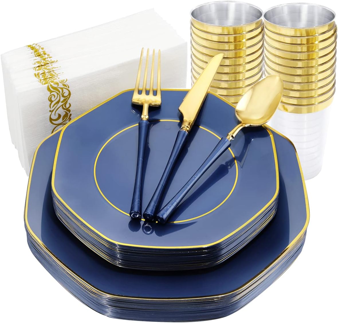 KIRE 140Pcs Blue Plastic Plates with Gold Rim - Gold Disposable Plastic Silverware with Blue Handle&Clear Cups&Hand Napkin - Geometric Party Plates for Holiday/Party