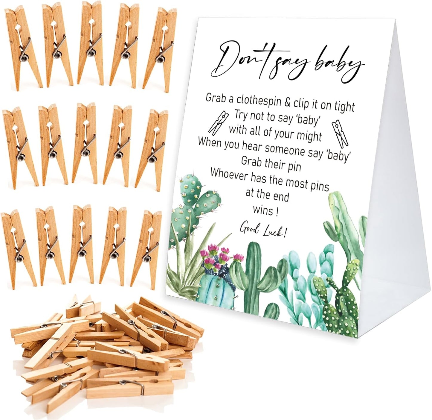 Don't Say Baby Game For Baby Shower Clothespin Game, One 5x7 Coated Paper Sign And 50 Natural Clothespins, Tropical Cactus Theme, Gender Neutral -NDSBB18