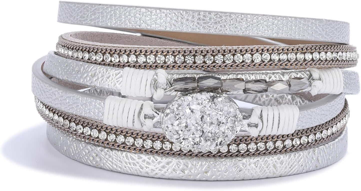 FANCY SHINY Leather Wrap Bracelet Boho Cuff Bangle Bracelets Crystal Bead Bracelet with Magnetic Clasp Jewelry Gifts for Women