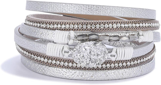 FANCY SHINY Leather Wrap Bracelet Boho Cuff Bangle Bracelets Crystal Bead Bracelet with Magnetic Clasp Jewelry Gifts for Women