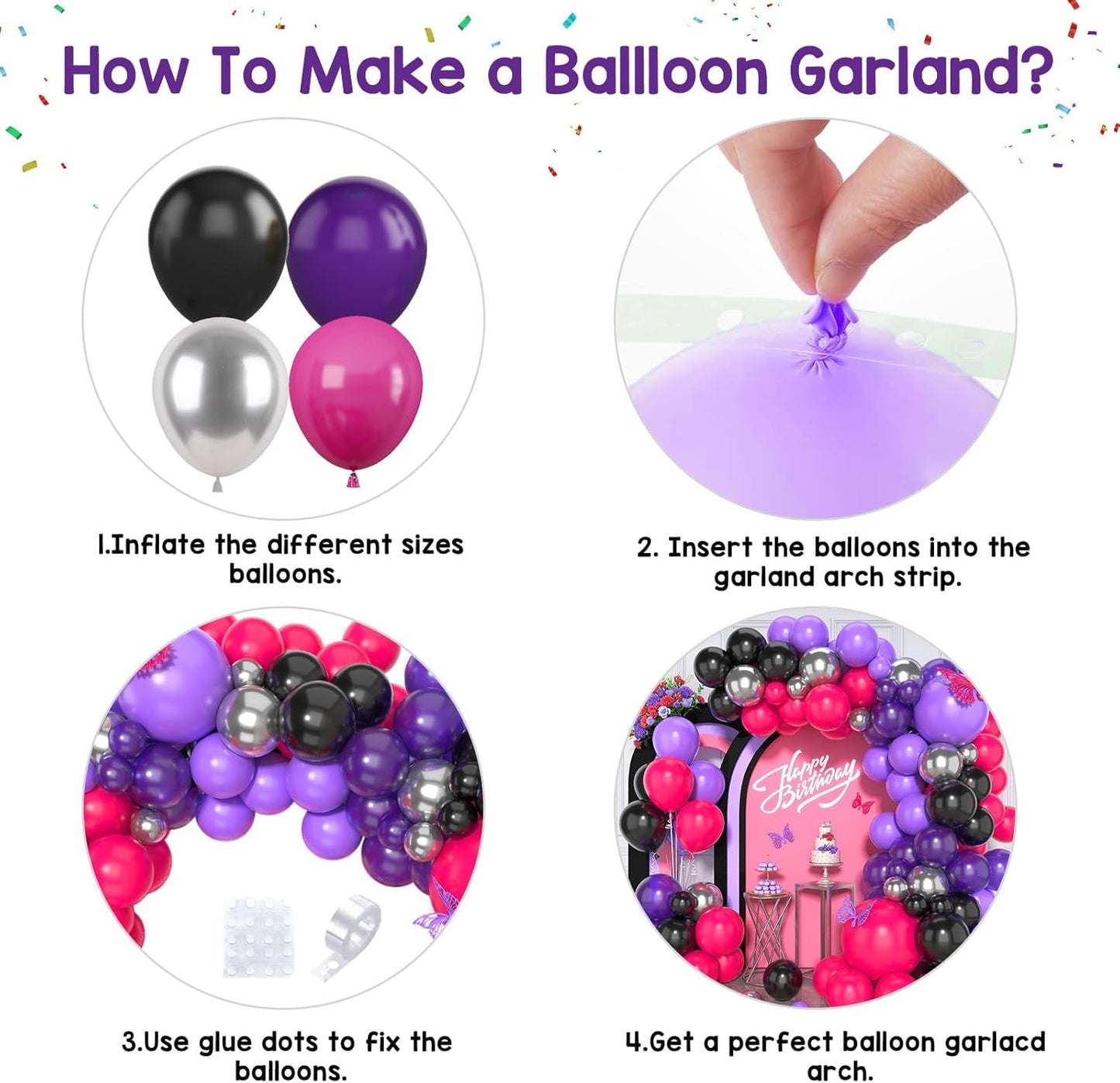 Paready Hot Pink and Purple Balloon Arch Kit, 125Pcs Purple Black Balloon Garland Kit Dark Purple Metallic Silver Party Balloons Purple Hot Pink Balloons for Kids Birthday Party Baby Shower Wedding