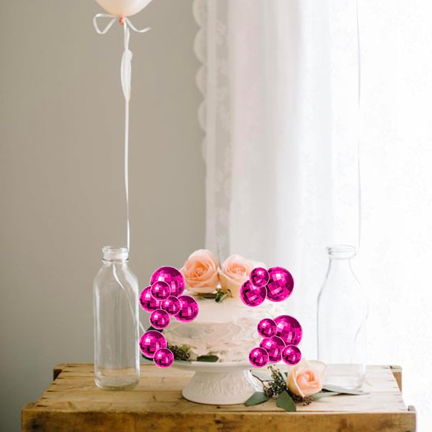 24 PCS Disco Ball Cupcake Toppers Christmas Disco Balls Cake Decorations Glitter Foam Ball DIY Balloons Cake Topper Decoration for Disco Theme Baby Shower Birthday Christmas Party Supplies Rose Red