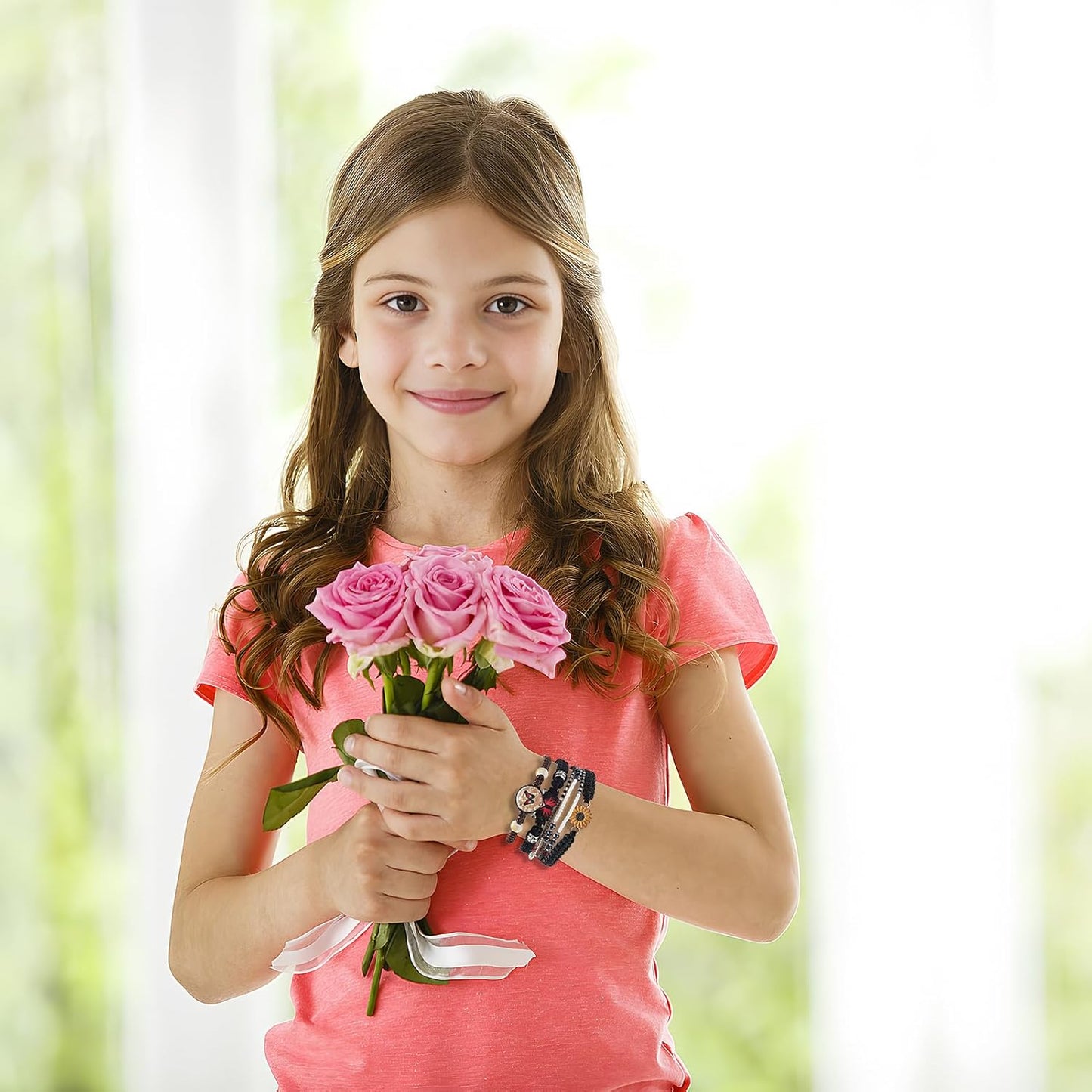 DS 4PCS String beads Charm Bracelets for Teen Girls Dainty cute cartoon Butterfly Daisy Eternal flower Beads Bracelets set for woman and girls Adjustable Stretch bracelet birthday Gift For Friends