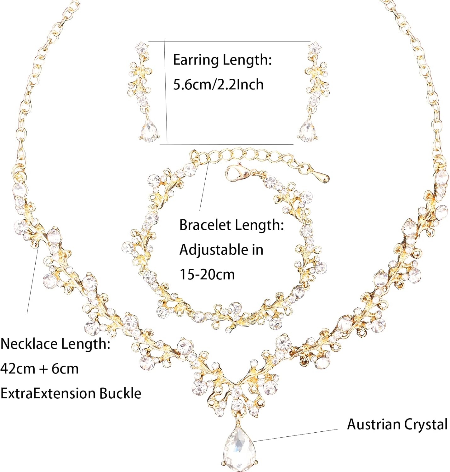 3Pcs Austrian Crystal Jewelry Set for Women, Necklace Dangle Earrings Link Bracelet Jewelry Set with Gold/Platinum/Gun Plated, Wedding Party Jewelry for Bridal Bridesmaid