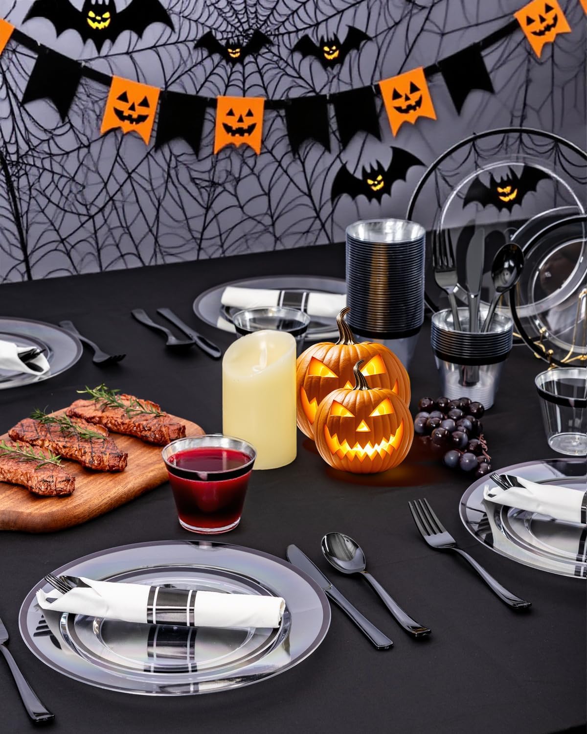 175PCS Plastic Plates for Party, Disposable Clear Black Dinnerware Set for 25 Guests,50 Plastic Plates, 25 Cups, 25 Pre-Rolled Napkins with Cutlery for Party, Thanksgiving, Christmas, Wedding