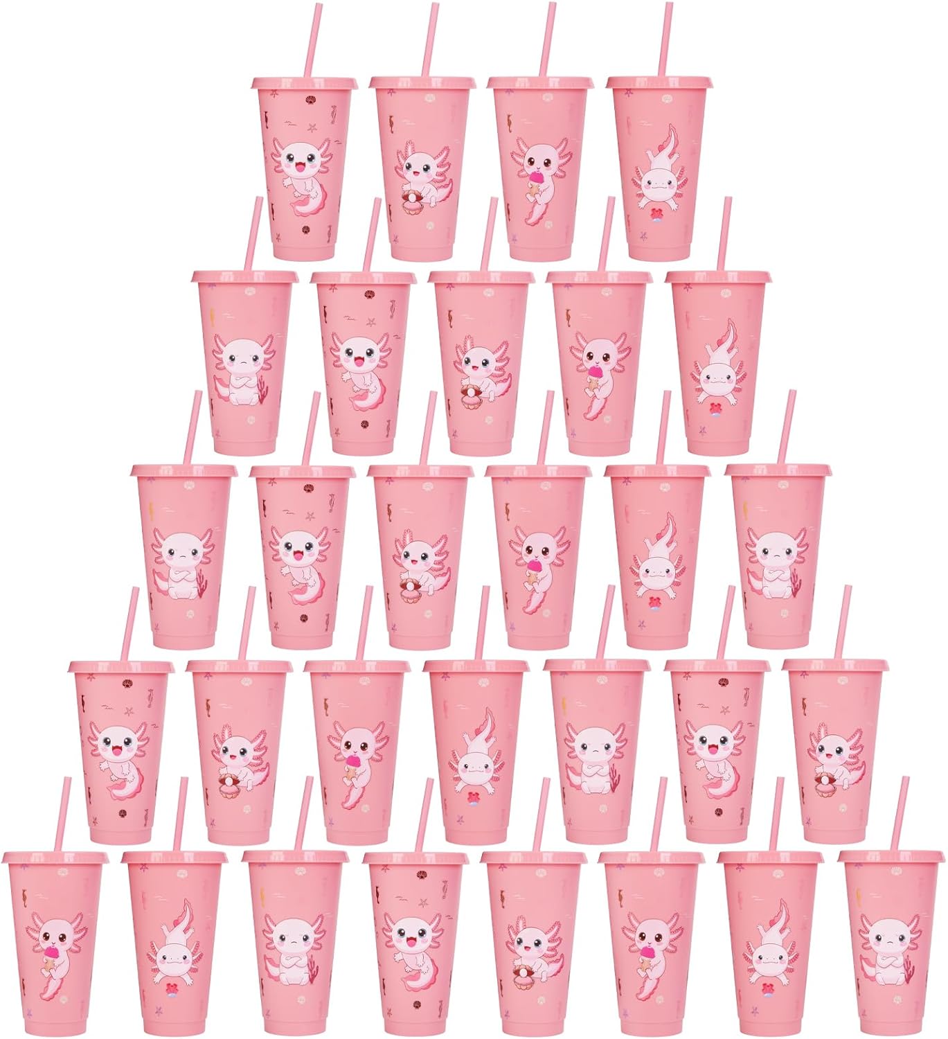 30 Pcs Pink Axolotl Party Favor Cute Axolotl Party Cups with Lid Straw 24 oz Plastic Drink Cups Reusable Bulk Axolotl Tumblers for Reptile Animals Theme Birthday Supplies Gifts