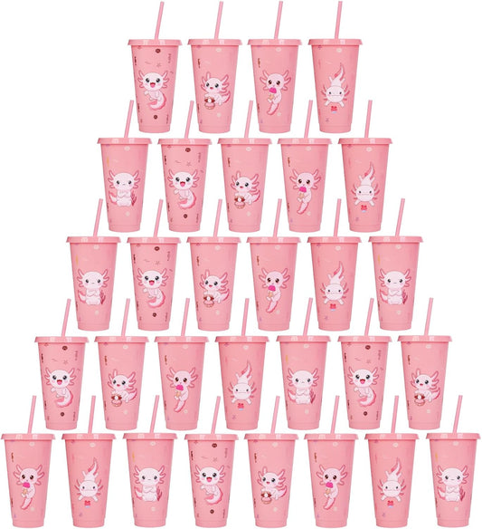30 Pcs Pink Axolotl Party Favor Cute Axolotl Party Cups with Lid Straw 24 oz Plastic Drink Cups Reusable Bulk Axolotl Tumblers for Reptile Animals Theme Birthday Supplies Gifts