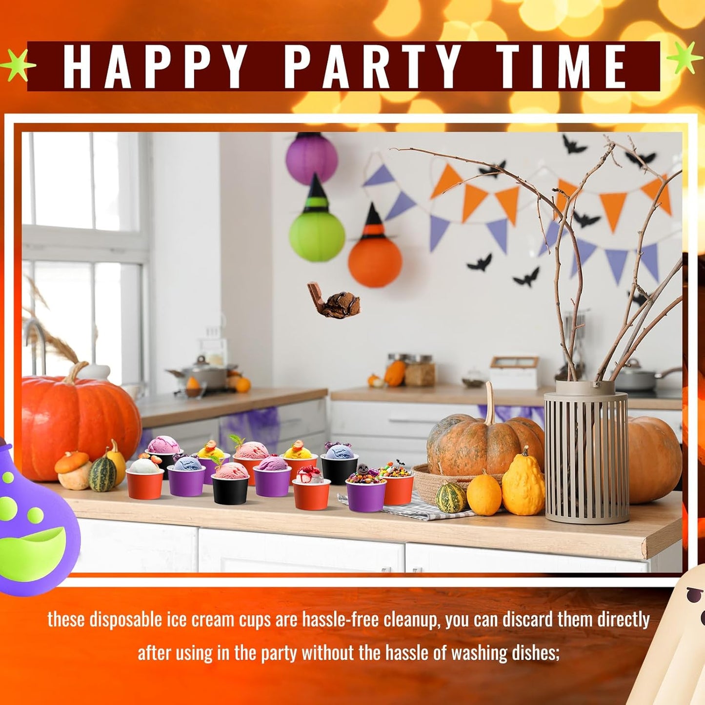 Paper Ice Cream Cups 9oz Colored Disposable Dessert Bowls for Hot or Cold Food Party Cups for Birthday Baby Shower Easter Party Supplies(Halloween Color,60 Pcs)