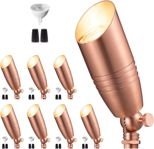 Gardenreet Spot Light Brass - Outdoor Landscape Spotlights LED, 12V Low Voltage Landscaping Uplights, Hard-Wired All Weather Copper for Backyard Lawn with Warm White Changeable Bulbs (8 Pack)