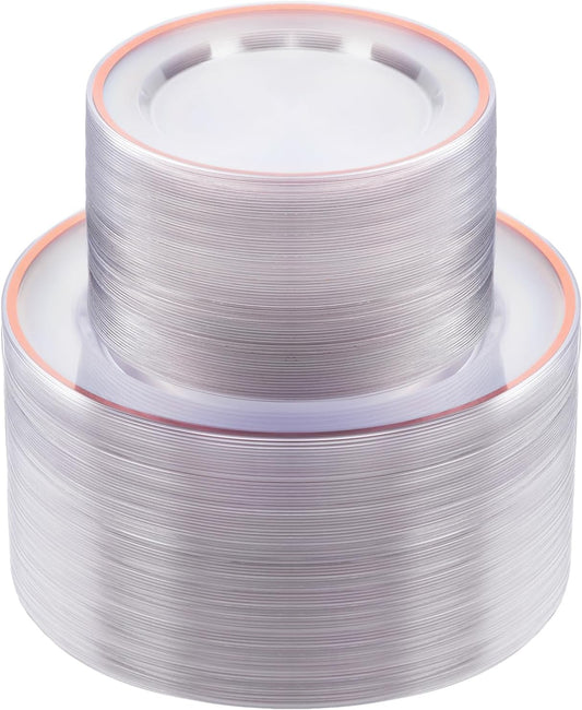 200PCS Rose Gold and Clear Plastic Plates, Rose Gold Disposable Plate Set with 100 Dinner Plates and 100 Dessert Plates for Party