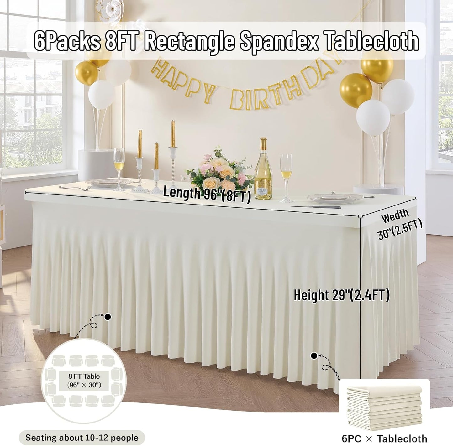 Leegleri 6 Pack Ivory Spandex Table Clothes for 8ft Rectangle Tables, Wrinkle Free Fitted Tablecloths for Parties, Weddings, Banquets, Baby Showers