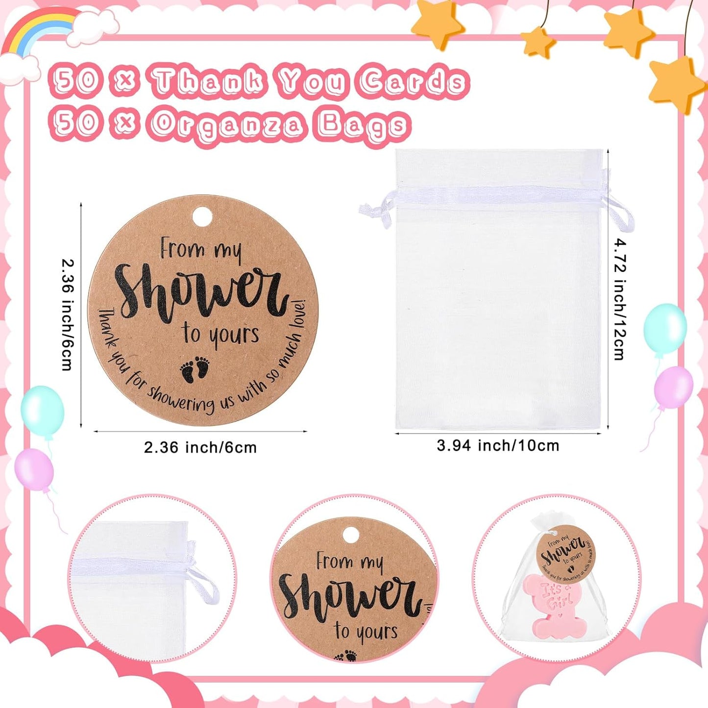 50 Sets Baby Shower Soap Favors for Guests Boy Girl Handmade Scented Soaps with Mini Thank You Tags and Organza Bags for Shower Gender Reveal Party Favors(It's A Girl)