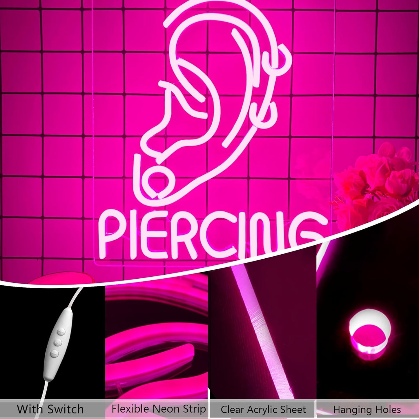 Ear Piercing Neon Sign, Cool Pink Dimmable LED Creative Ear Earring Neon Light, Tattoo Studio Barber Salon Massage SPA Shop Neon Light Decoration, Suitable Gift For Young People And Girls(13 * 11in)