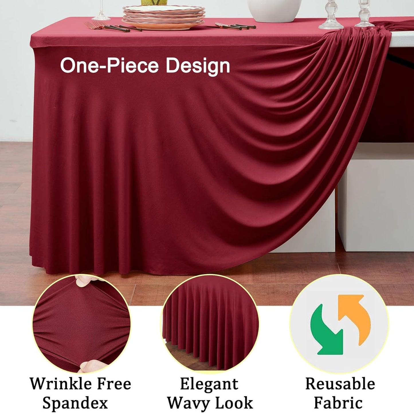 4 Pack Burgundy Spandex Tablecloths for 8 Foot Rectangle Tables, Wrinkle Free Fitted Tablecover 8ft Maroon Stretchy Table Clothes with Skirt for Weddings Birthday Party Banquet Baby Shower