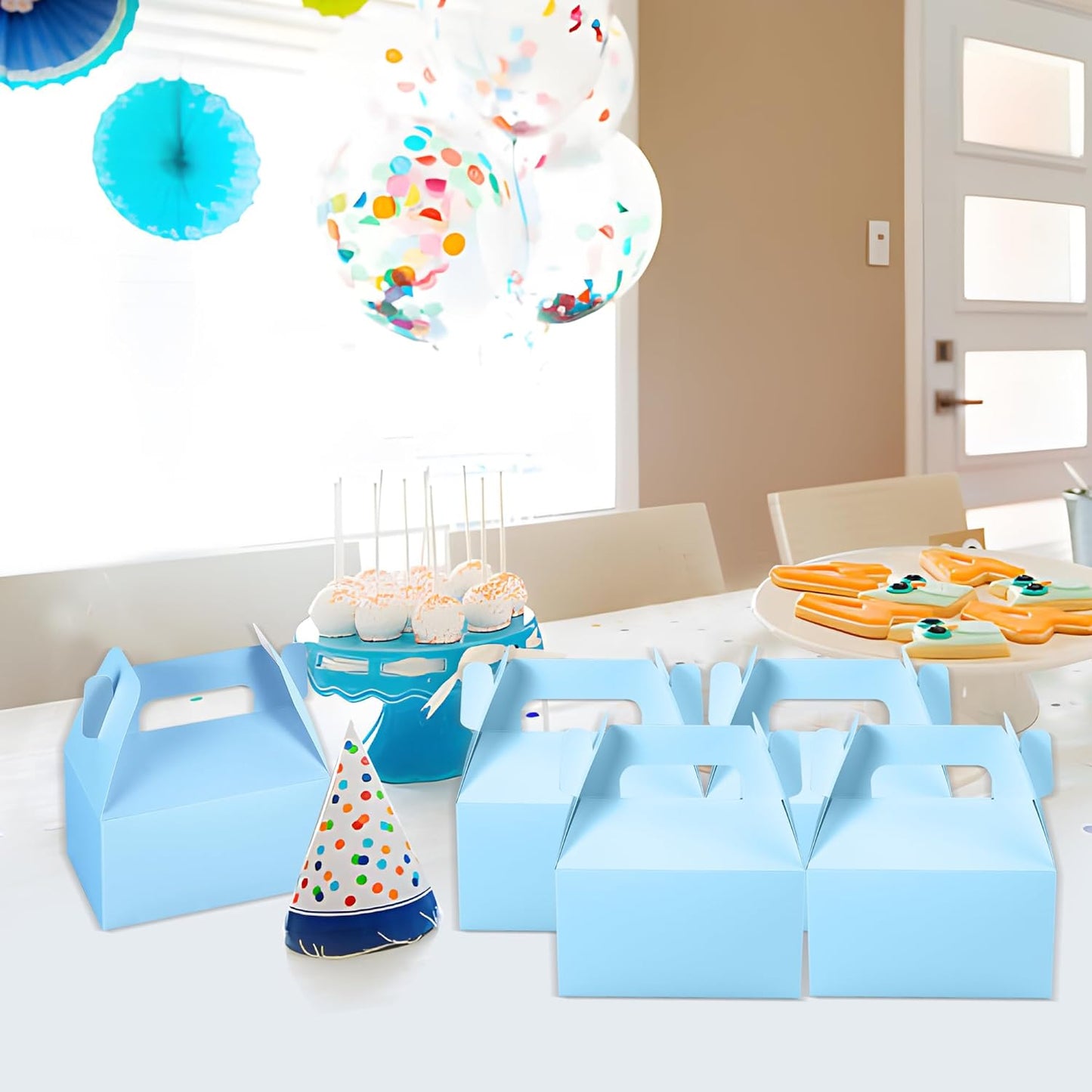 XAGLVV 24 Pack Blue Gable Boxes with Handles 6.2x3.5x3.5 Inch Paper Party Favor Gift Box for Baby Boy Showers wonderland party beach theme favors