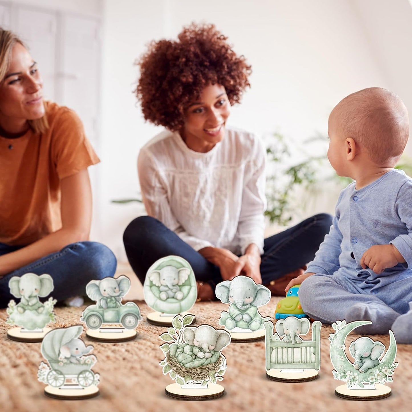 16 Pcs Wooden Baby Shower Table Centerpiece Sage Green Elephant Tabletop Detachable Sign Boy Or Girl Gender Reveal Table Toppers Display Decoration Elephant Birthday Photo Props Party Favor Supplies